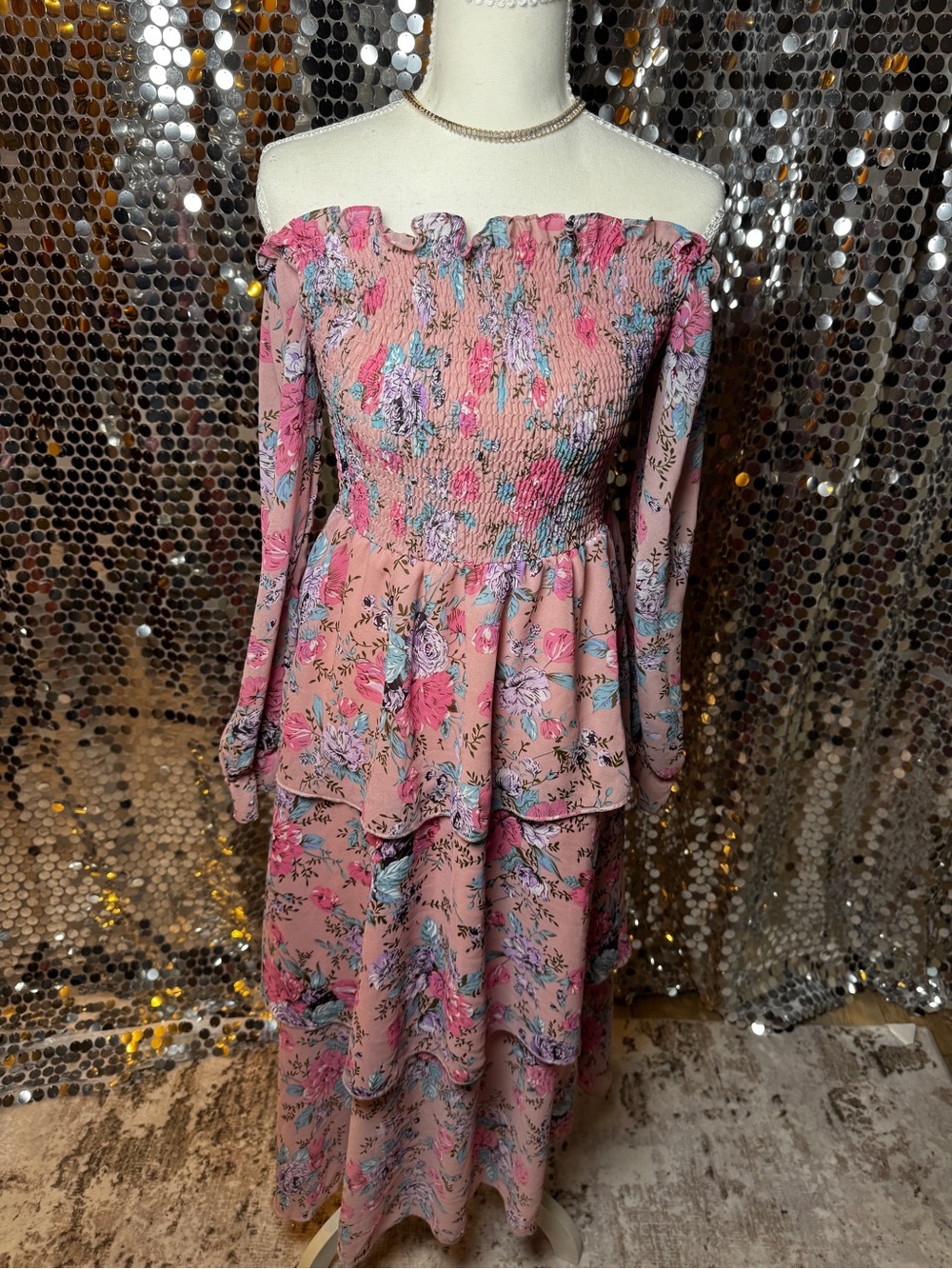 Pink Floral Tiered Maxi Dress